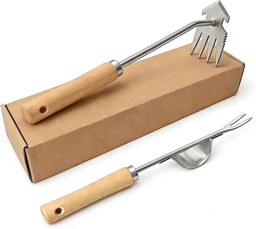 Two gardening tools on a plain background