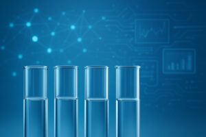 Four transparent test tubes against a blue background with digital circuit patterns and graphs