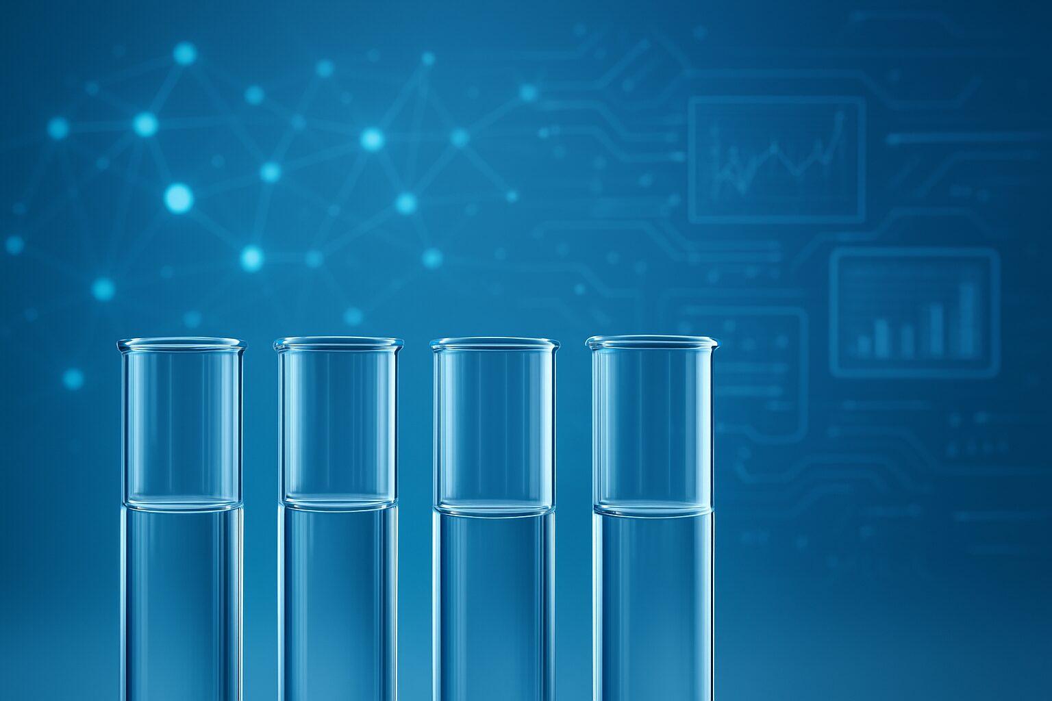 Four transparent test tubes against a blue background with digital circuit patterns and graphs
